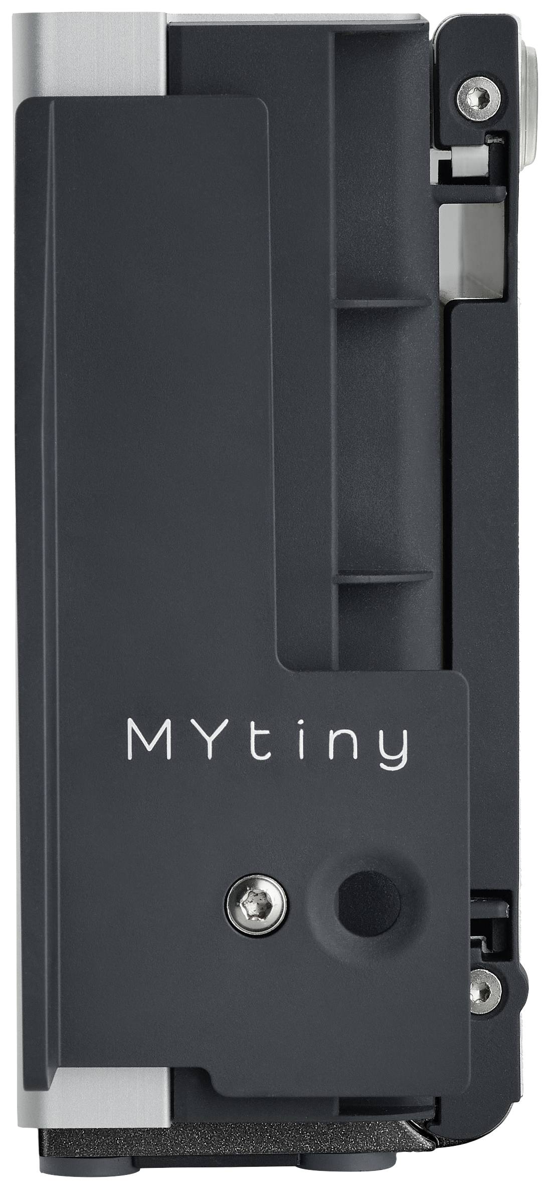 Elektronické zariadenie s nápisom 'MYtiny', čierny kryt, kompaktná konštrukcia, technické komponenty viditeľné.