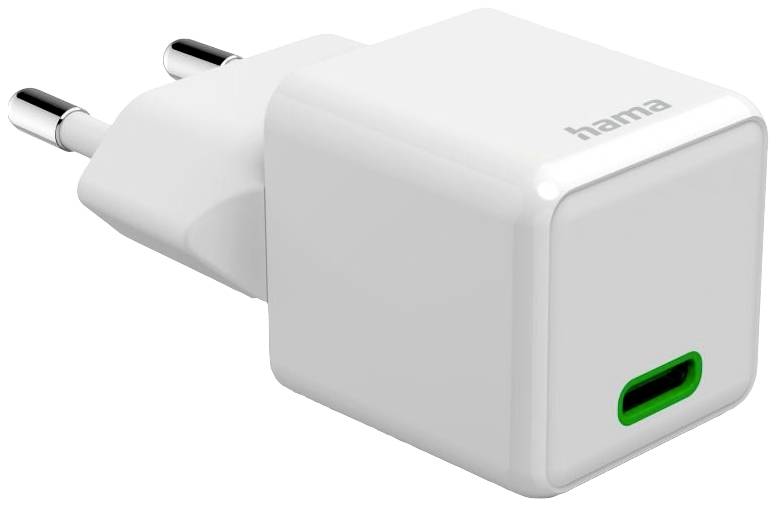 Biely USB nabíjací adaptér od Hama s európskou zástrčkou a zeleným USB-C portom. Vhodný na nabíjanie elektronických zariadení.