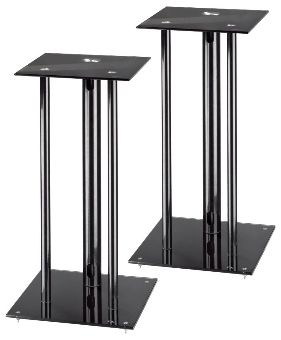 Dva čierne reproduktorové stojany z kovu, s obdĺžnikovou základňou a hornou plošinou, prepojené štyrmi vertikálnymi tyčami.