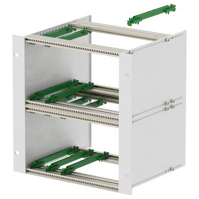 Priemyselný rám s troma horizontálnymi drážkami a zelenými vodiacimi panelmi, navrhnutý pre modulárne elektronické komponenty, bez nainštalovaných komponentov.