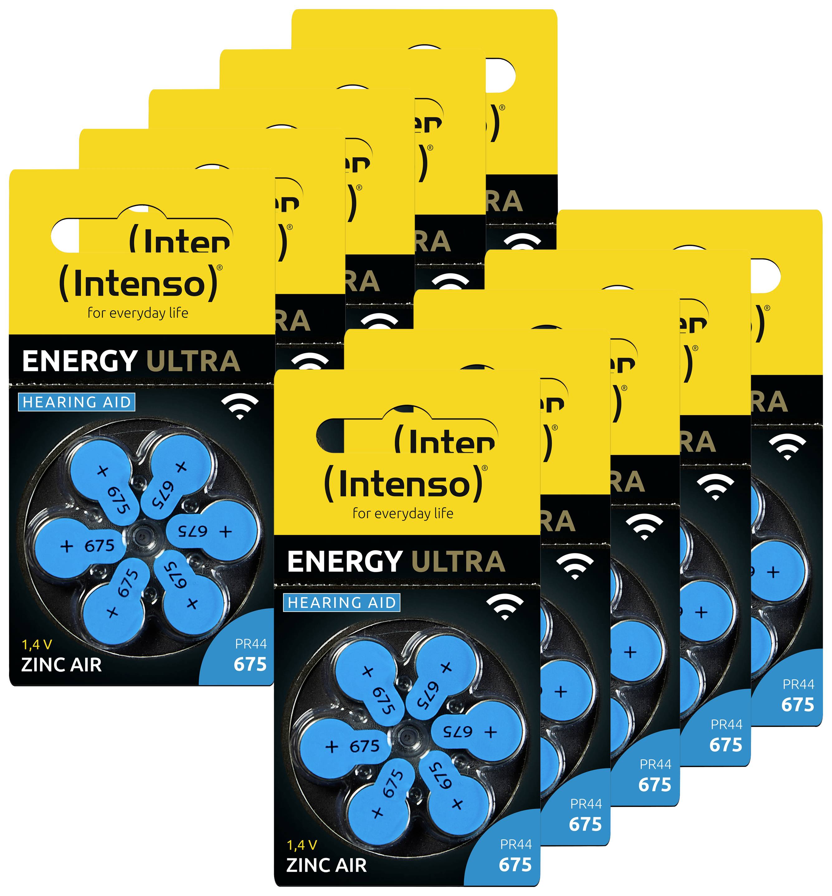 Batériové balenia Intenso Energy Ultra pre načúvacie prístroje, typ 675, 1,4 V, s modrými nálepkami, uložené v trojitých sadách.
