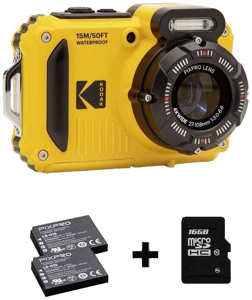 Kodak Pixpro WPZ2 + 2 Akku + microSD Bundle Fotocamera digitale 15 Megapixel Zoom ottico: 4 x Giallo incl. Batteria, incl. Flash, incl. Scheda di memo