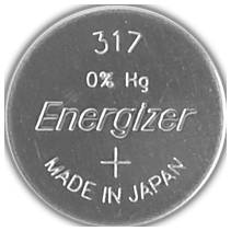 Gombíková batéria s textom: 317, 0% Hg, Energizer, Vyrobené v Japonsku.
