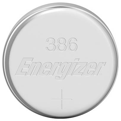 Strieborná okrúhla batéria Energizer s číslom '386' vyrazeným na vrchu, na spodnej strane s pozitívnym '+' symbolom.