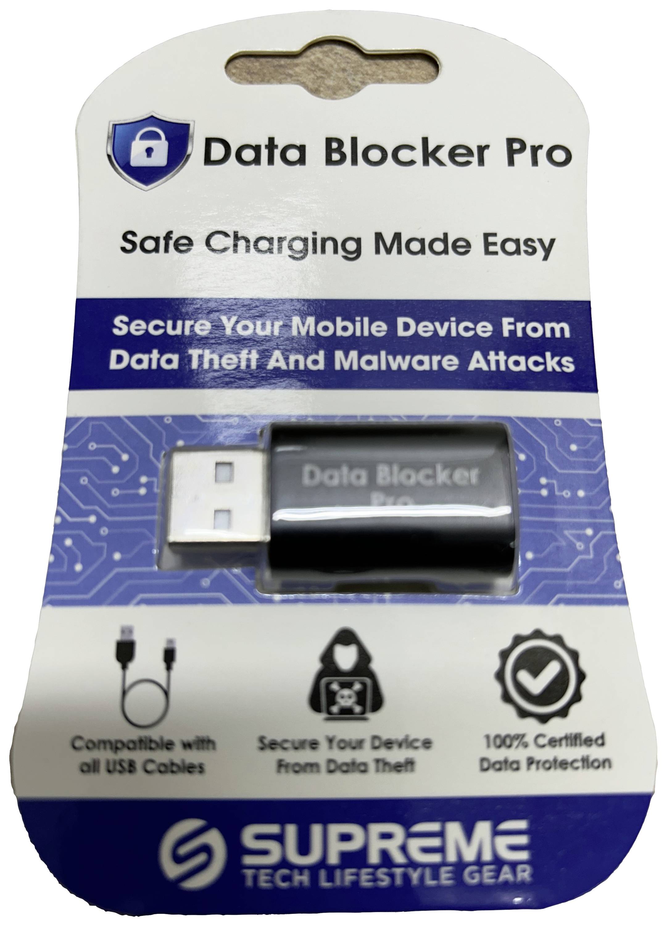 Ochranné USB zariadenie 'Data Blocker Pro', ktoré chráni mobilné zariadenia pred krádežou dát a malvérom počas nabíjania, kompatibilné s USB káblami.
