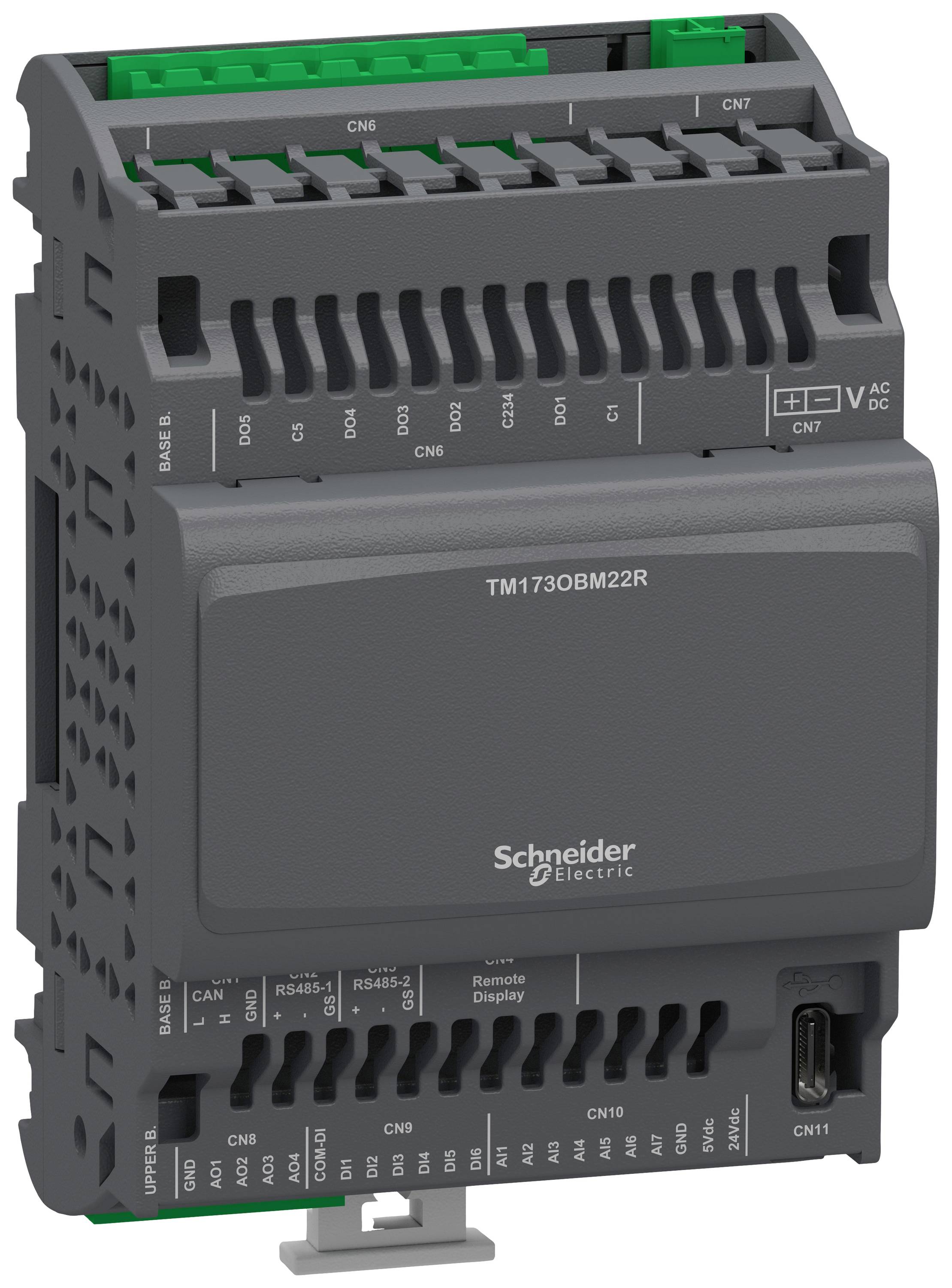 Priemyselný modul od Schneider Electric, model TM1730BM22R, zobrazuje možnosti pripojenia portov pre riadiace aplikácie v zariadeniach.