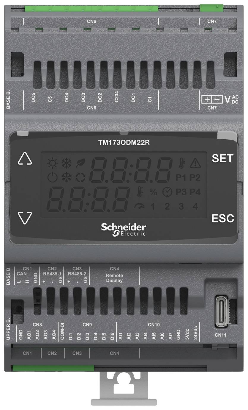 Automatizačný modul od Schneider Electric, model TM173ODM22R, s digitálnymi indikačnými prvkami a viacerými možnosťami pripojenia.