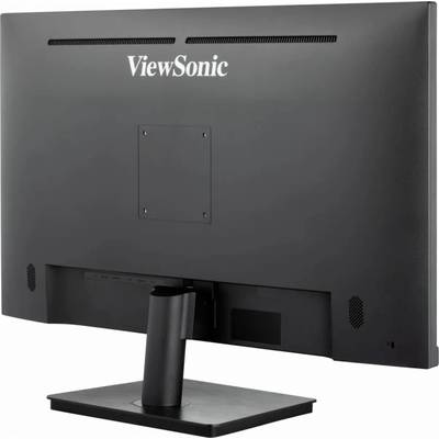 Monitor značky ViewSonic z pohľadu zozadu, zobrazujúci stojan a zadný kryt s VESA uchytením, vhodný pre kancelárske prostredie.