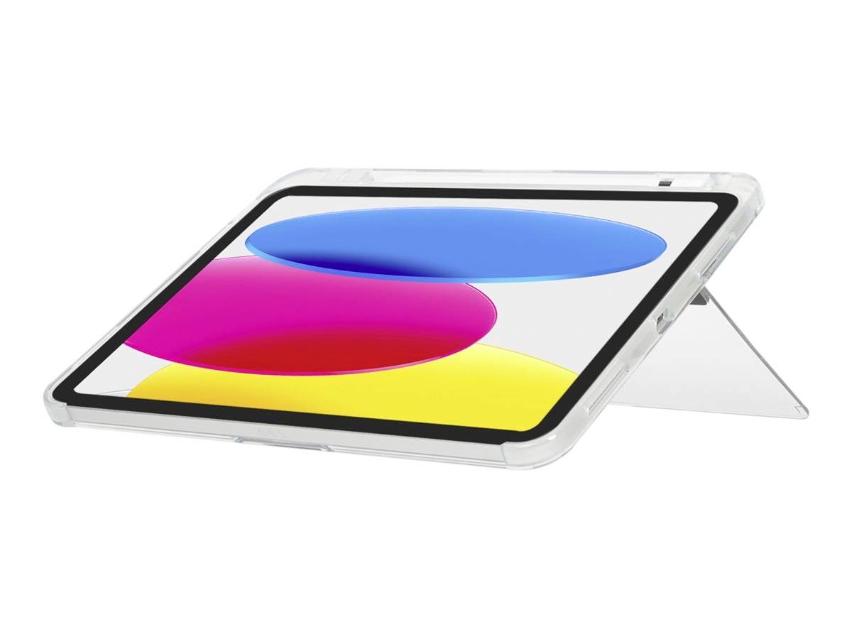 Tablet s jasným displejom a farebnými tvarmi v modrej, ružovej a žltej farbe, ktorý stojí šikmo na bielom pozadí.