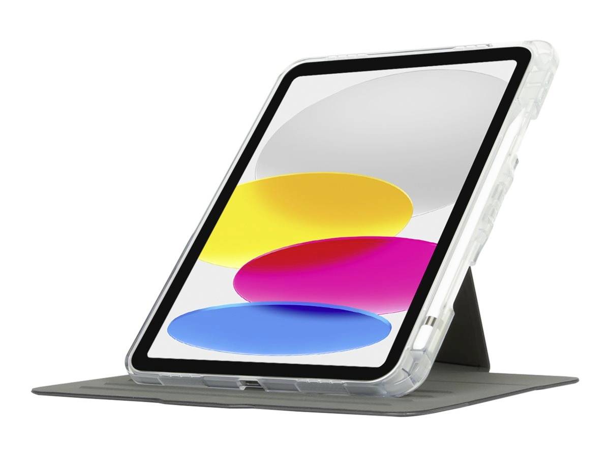 Tablet so svetlofareným displejom stojí vzpriamene v čiernom obale.