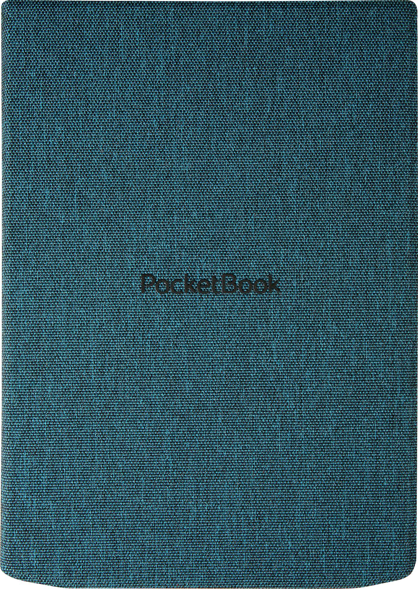 Obal knihy v tyrkysovej farbe s vygravírovaným nápisom 'PocketBook'.