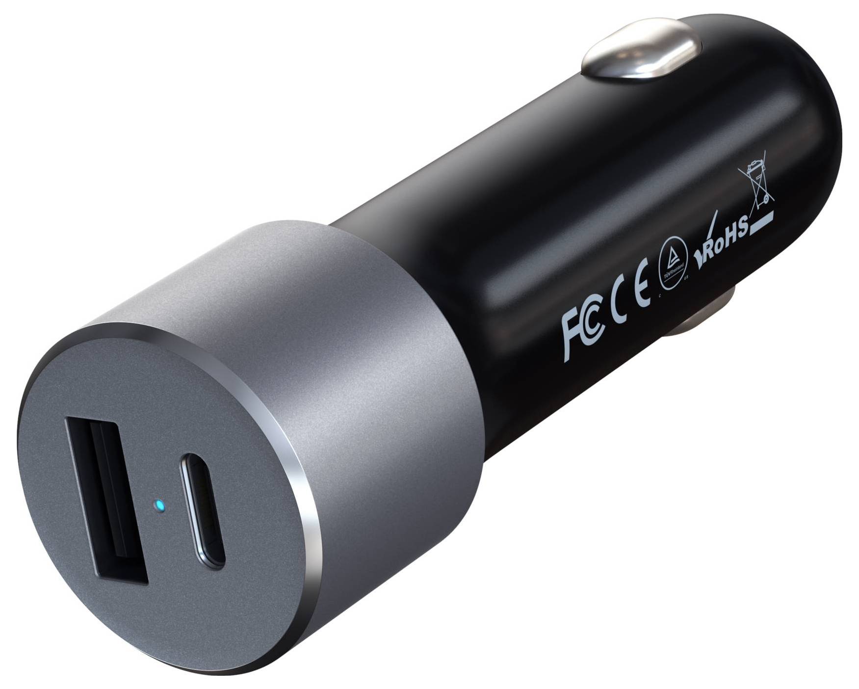 Čierna a strieborná USB autonabíjačka s USB a USB-C portami, so symbolmi FCC a RoHS.
