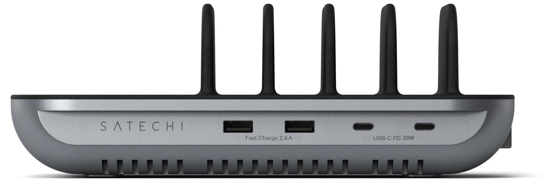 Sivá nabíjačka od Satechi s viacerými USB portami a piatimi vertikálnymi stojanmi na organizáciu zariadení.