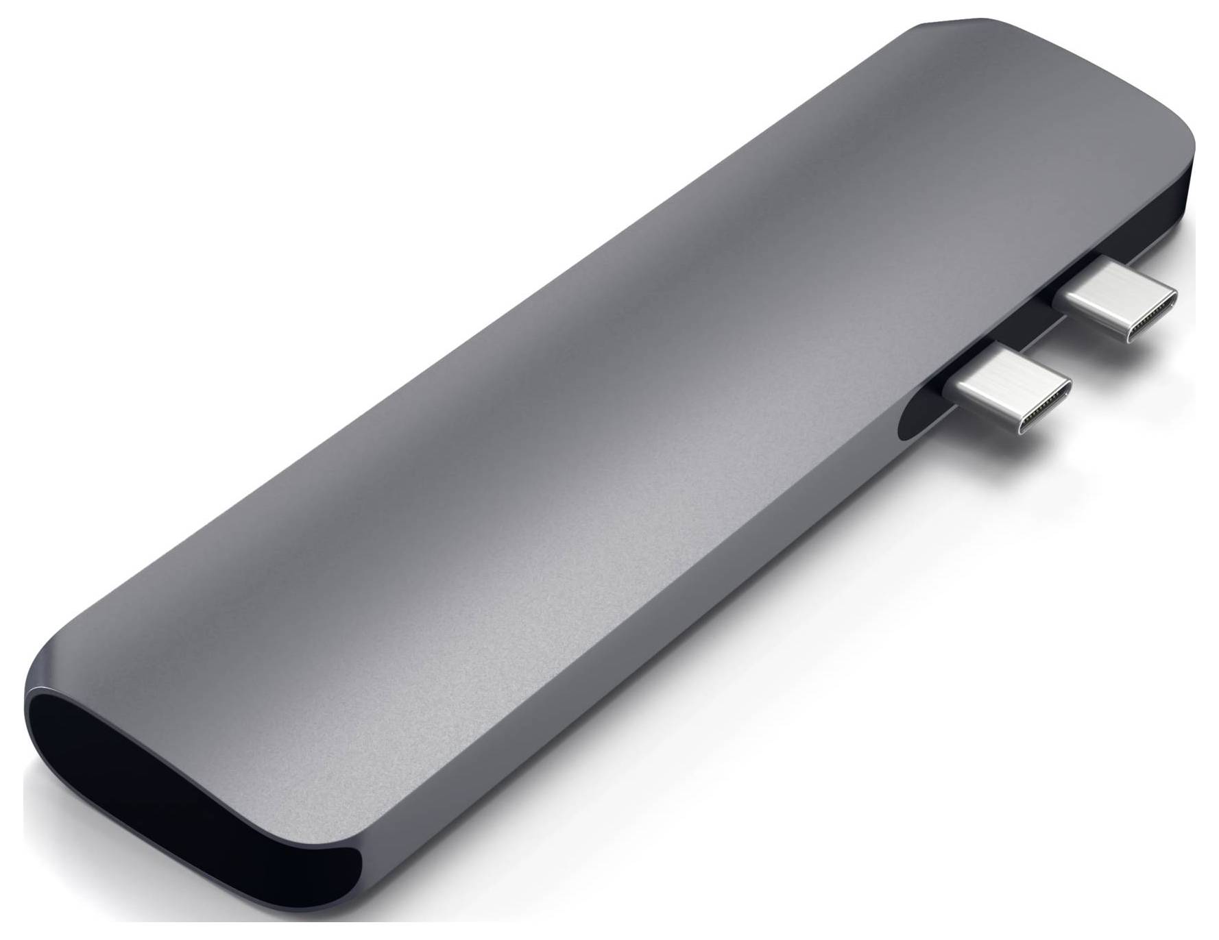 Čierny USB-C hub s dvoma portami, vhodný pre laptopy, umožňuje rozšírenie pripojení pre zariadenia ako klávesnice a myši.