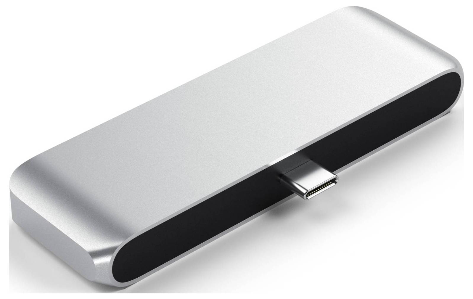 Strieborný USB-C hub s elegantným dizajnom, ktorý ponúka viacero portov pre laptopy a iné zariadenia.