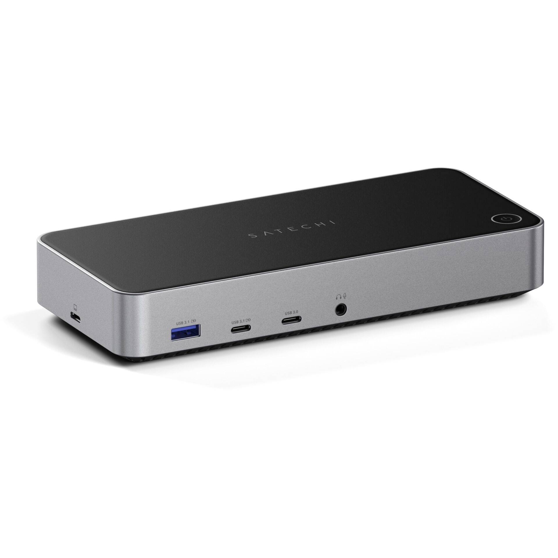 Strieborná dokovacia stanica značky Satechi s viacerými portami vrátane USB, USB-C a HDMI.