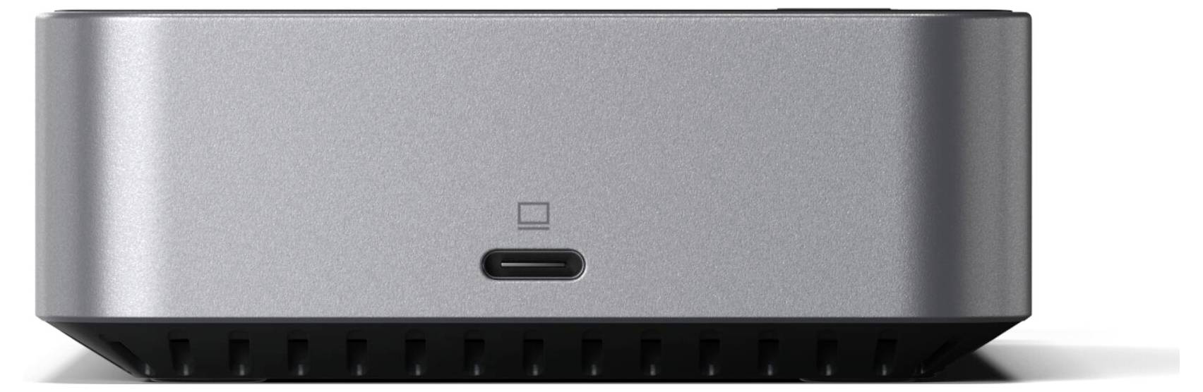 Sivé, obdĺžnikové elektronické zariadenie s USB-C portom vpredu.