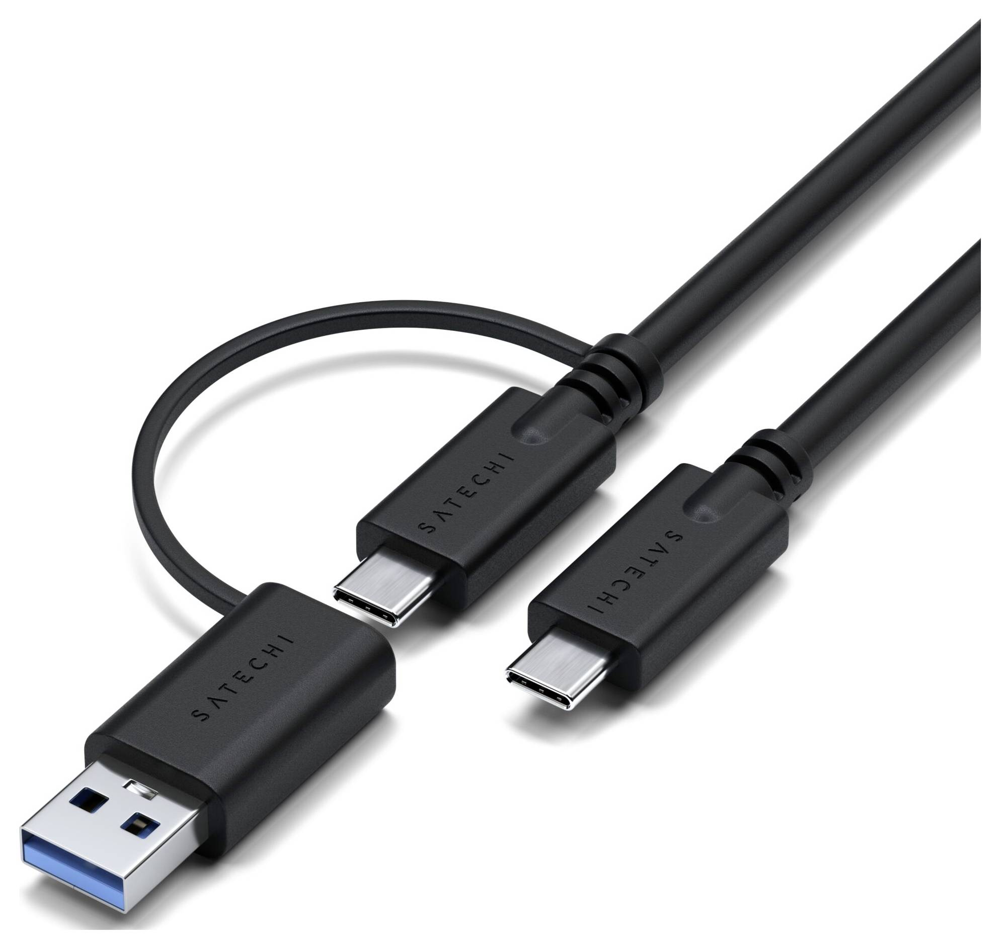 USB kábel s USB-A konektorom na jednej strane a dvoma odpojiteľnými USB-C a Micro-USB konektormi na druhej strane.