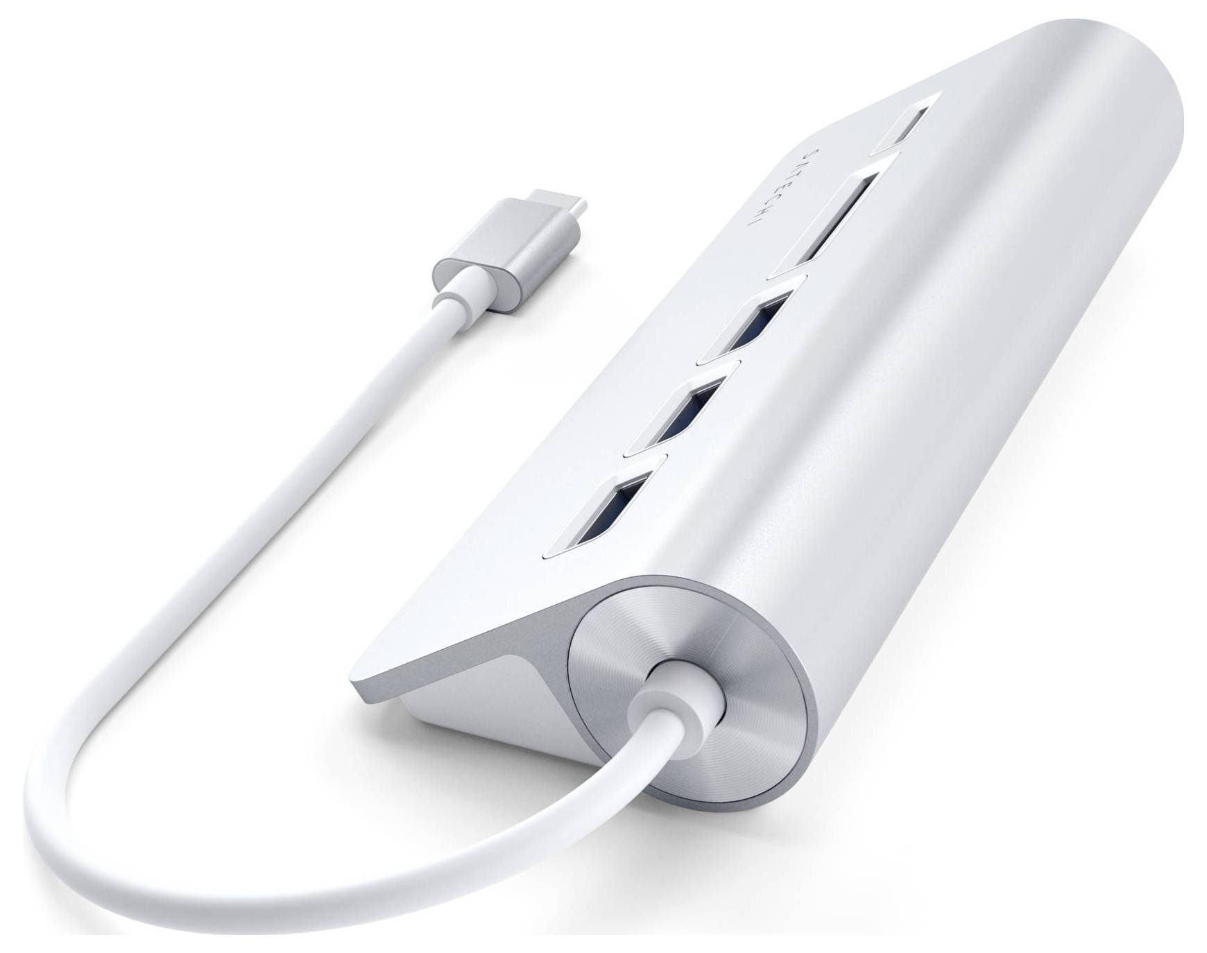 Strieborný USB-C hub s tromi USB portami. USB-C kábel je pripevnený na jednom konci hubu.