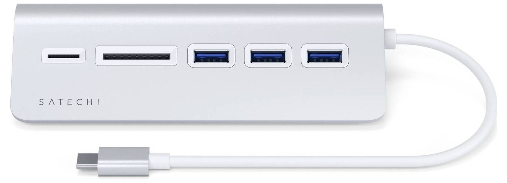 USB-C hub od Satechi s troma USB portami a dvoma slotmi na pamäťové karty pre rozšírené možnosti pripojenia.