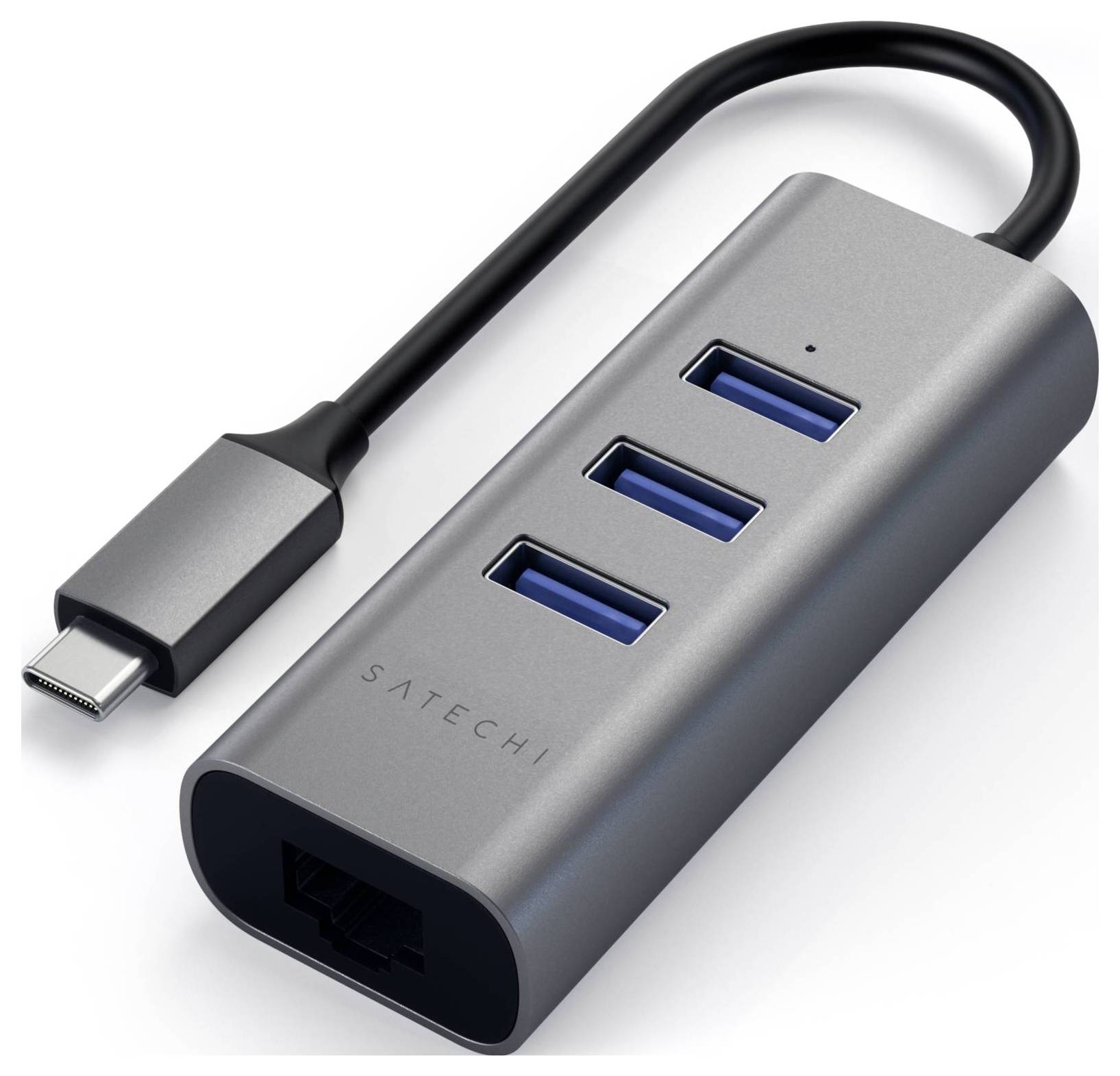 USB-C hub s tromi USB portami a ethernetovým portom, vhodný pre rozšírenie zariadení. Dizajn v čierno-sivej farbe.