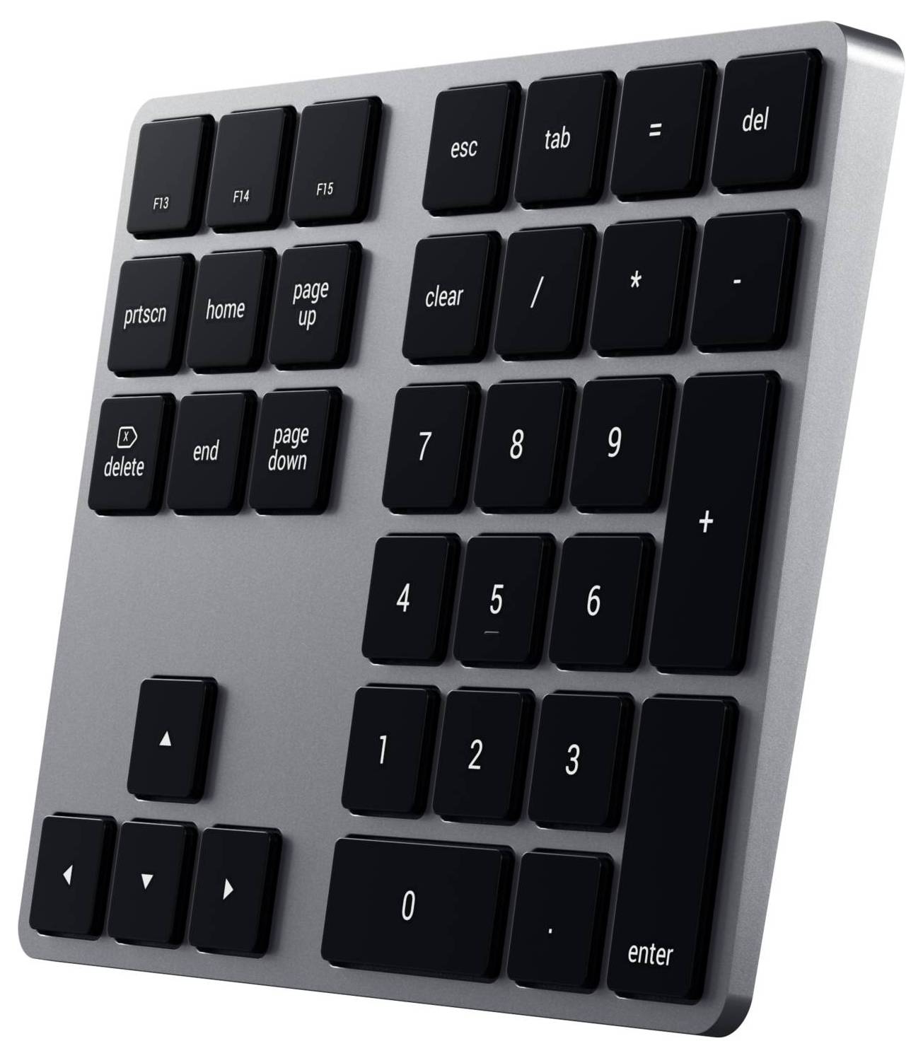 Bezdrôtový numerický panel s čiernymi tlačidlami a strieborným krytom, vrátane funkčných a smerových klávesov, pre rýchly prístup k číslam a dátam.