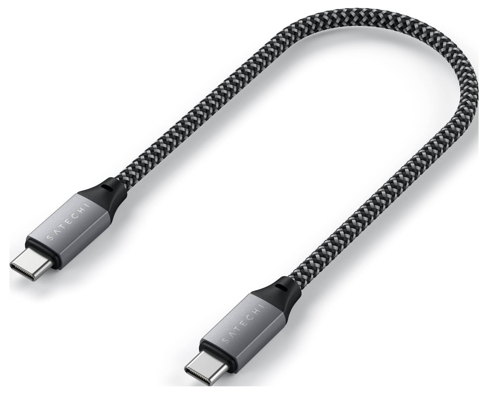 Pletený USB-C kábel s dvoma konektormi v striebornej a čiernej farbe, označený logom 'Satechi', vhodný na prenos dát a nabíjanie.