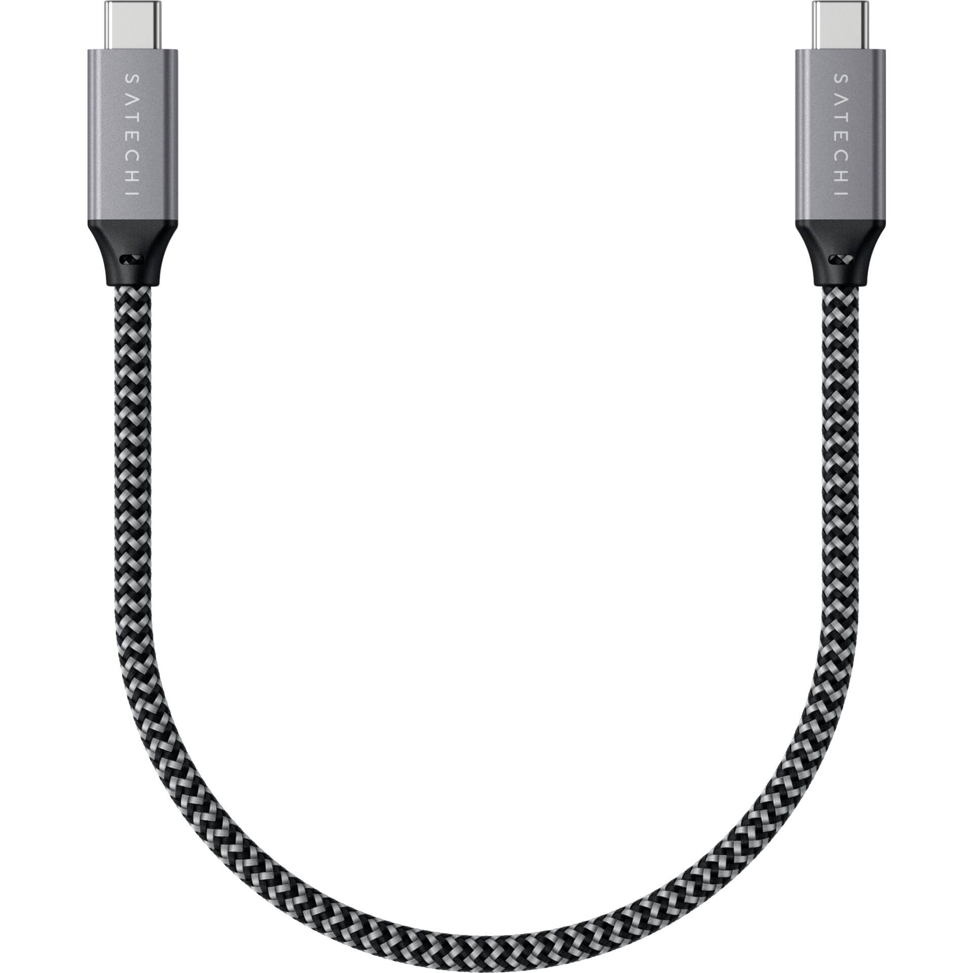 Prepletený Satechi USB-C na USB-C kábel v sivej a čiernej farbe, vhodný na nabíjanie alebo prenos dát medzi zariadeniami.