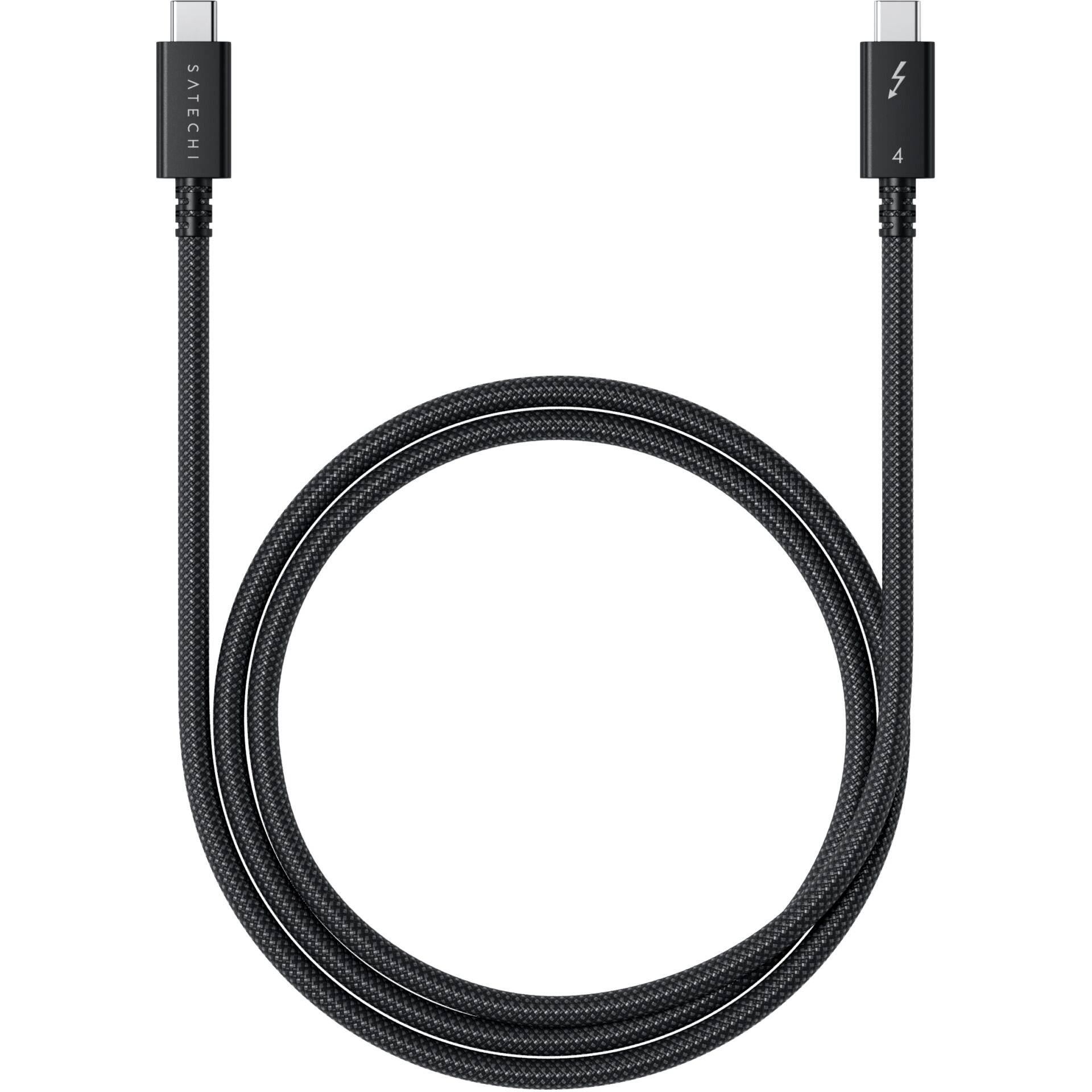 Čierny Thunderbolt 4 kábel s dvoma USB-C konektormi. Text 'Satechi' na jednom konektore a symbol blesku na druhom.