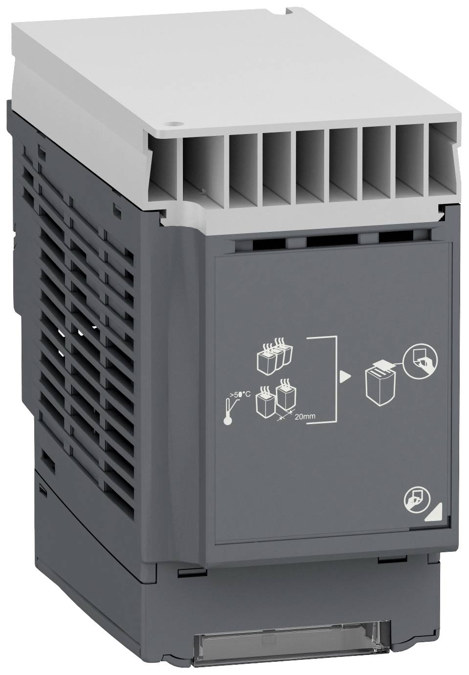 Priemyselné zariadenie v sivej farbe s návodmi na zapojenie a montáž na prednej strane, vetracie štrbiny viditeľné zhora.