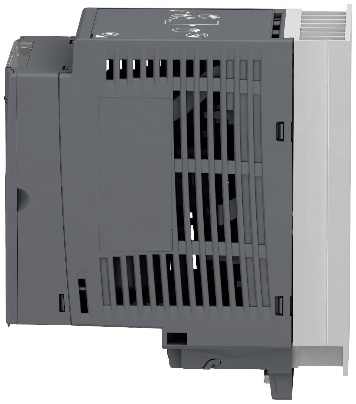 Sivobiely, obdĺžnikový elektrický rozvádzač zo strany, zobrazujúci vetrácie otvory a prípojky, vhodný pre priemyselné aplikácie.