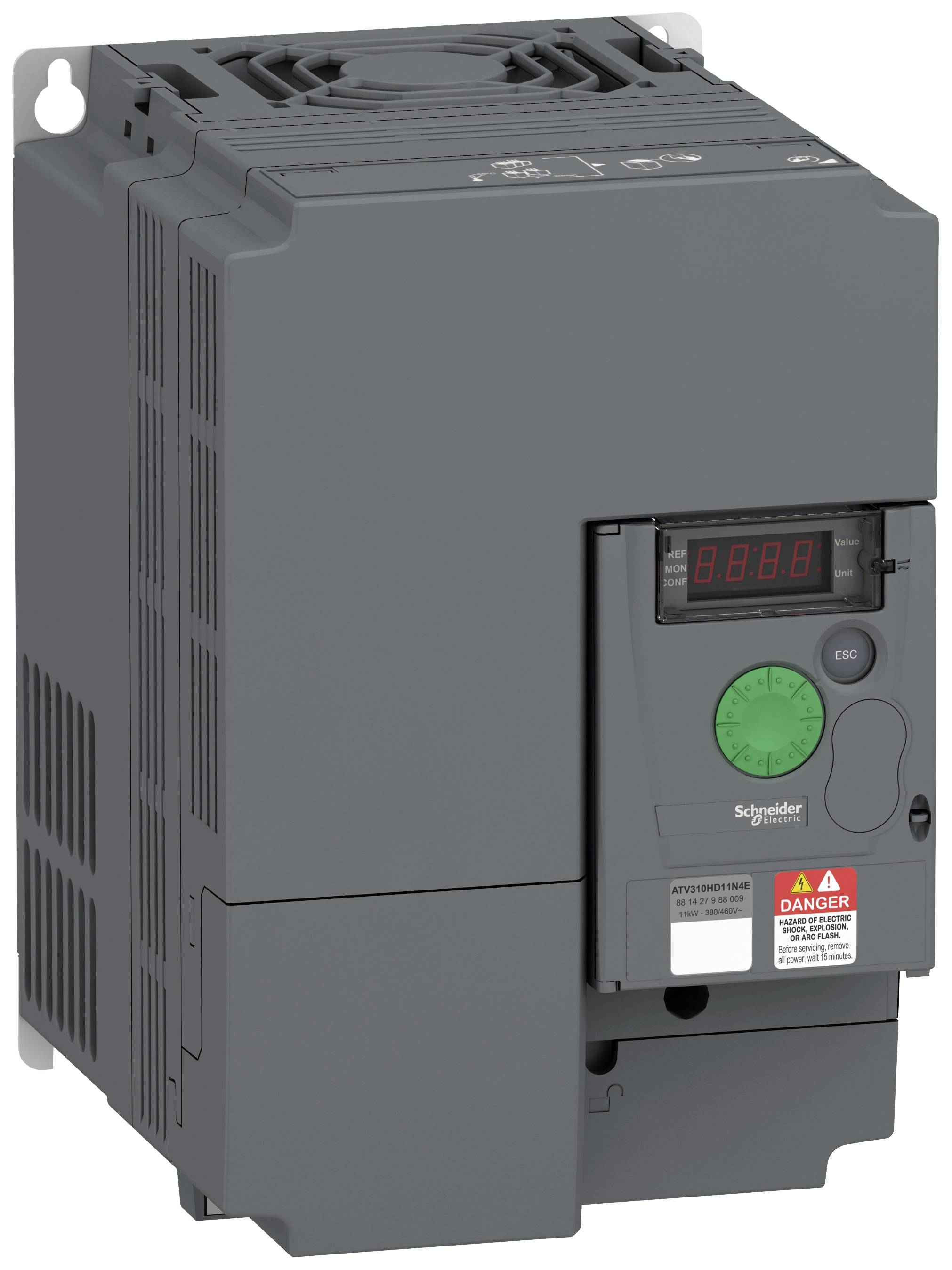 Sivý frekvenčný menič so systémom digitálneho displeja a ovládacími tlačidlami od spoločnosti Schneider Electric.