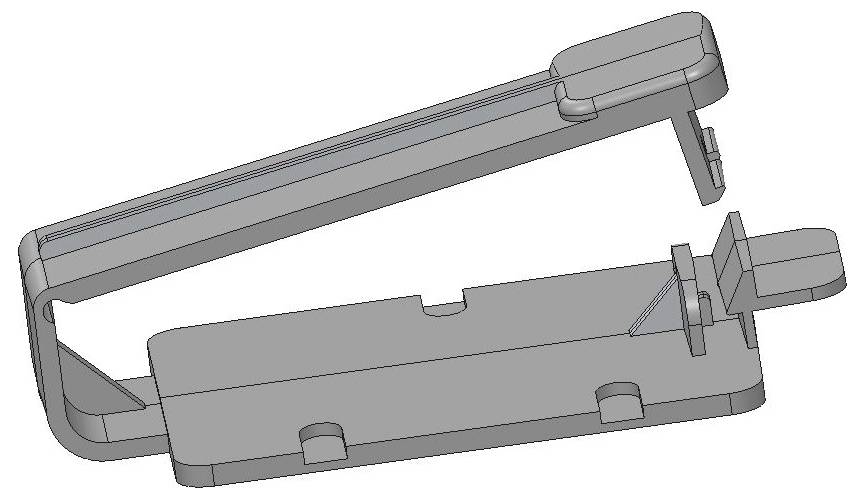 3D znázornenie dvojdielnej plastovej svorky. Horná a spodná zložka sú oddelené, ale navrhnuté na vzájomné spojenie.