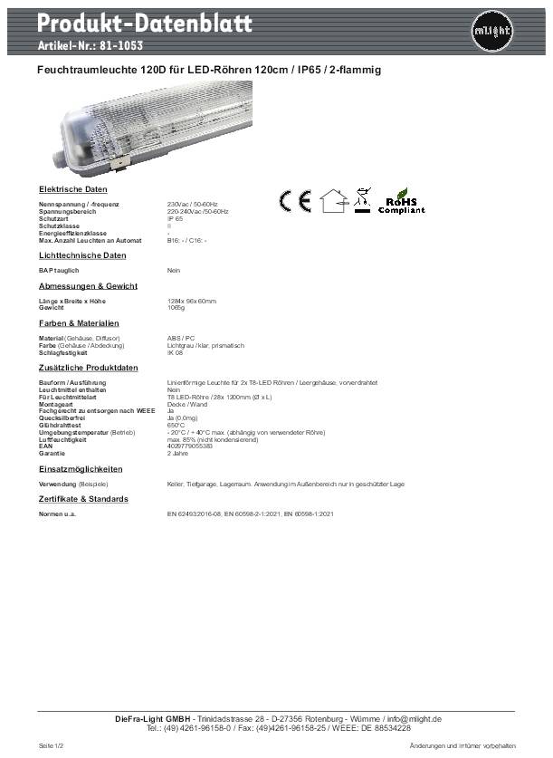 Technický list produktu - Svietidlo do vlhkého prostredia 120D, 120 cm LED trubice, IP65, 2-ramenné. Technické údaje, rozmery, montážny návod.