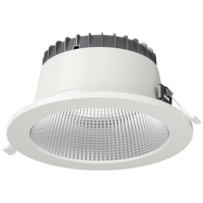Okrúhle biele LED stropné podhľadové svietidlo s vrúbkovaným refektorom a šedým horným krytom.