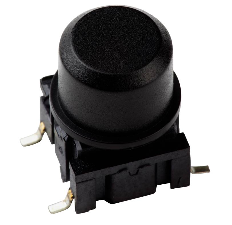 Čierny spínač s tromi kovovými konektormi, vhodný pre elektronické obvody.