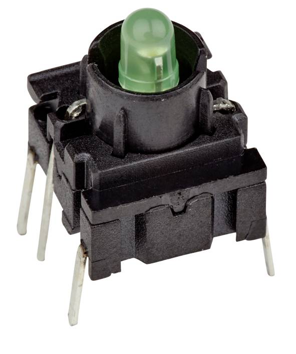 Zelený LED tlačidlový spínač s čiernym plastovým krytom a tromi kovovými pinmi, vhodný pre elektronické obvody.