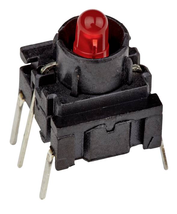 Červený LED spínač s viacerými kovovými pinmi pre elektronické prepojenie, pred neutrálnym pozadím.