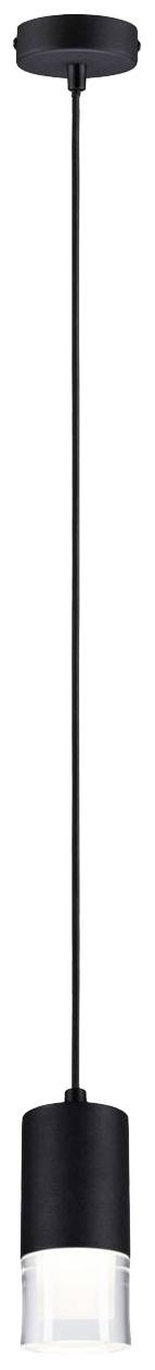 Čierna závesná lampa s jednoduchým dizajnom a priehľadným tienidlom visí na dlhom kábli.