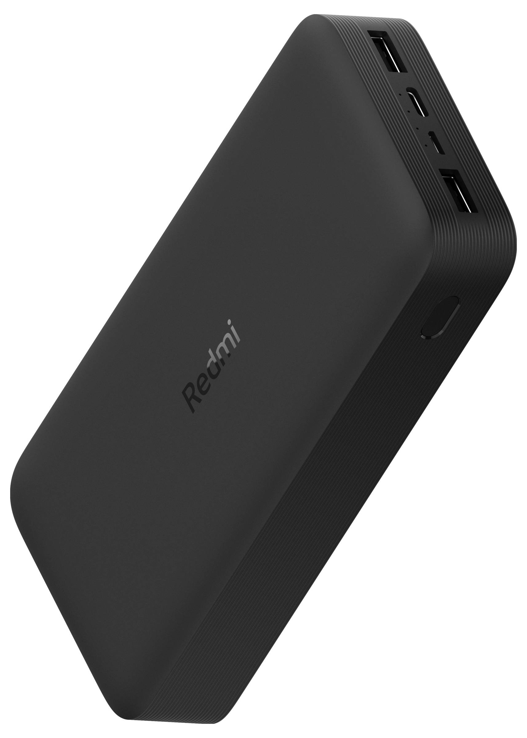 Čierna powerbanka s dvomi USB portami, USB-C konektorom a nápisom 'Redmi' na povrchu.