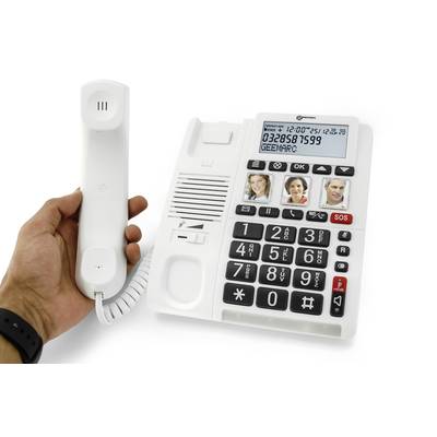 Bezdrôtový telefón s veľkými tlačidlami a štyroma fototlačidlami pre kontakty. LCD displej zobrazuje číslo 0328587599.