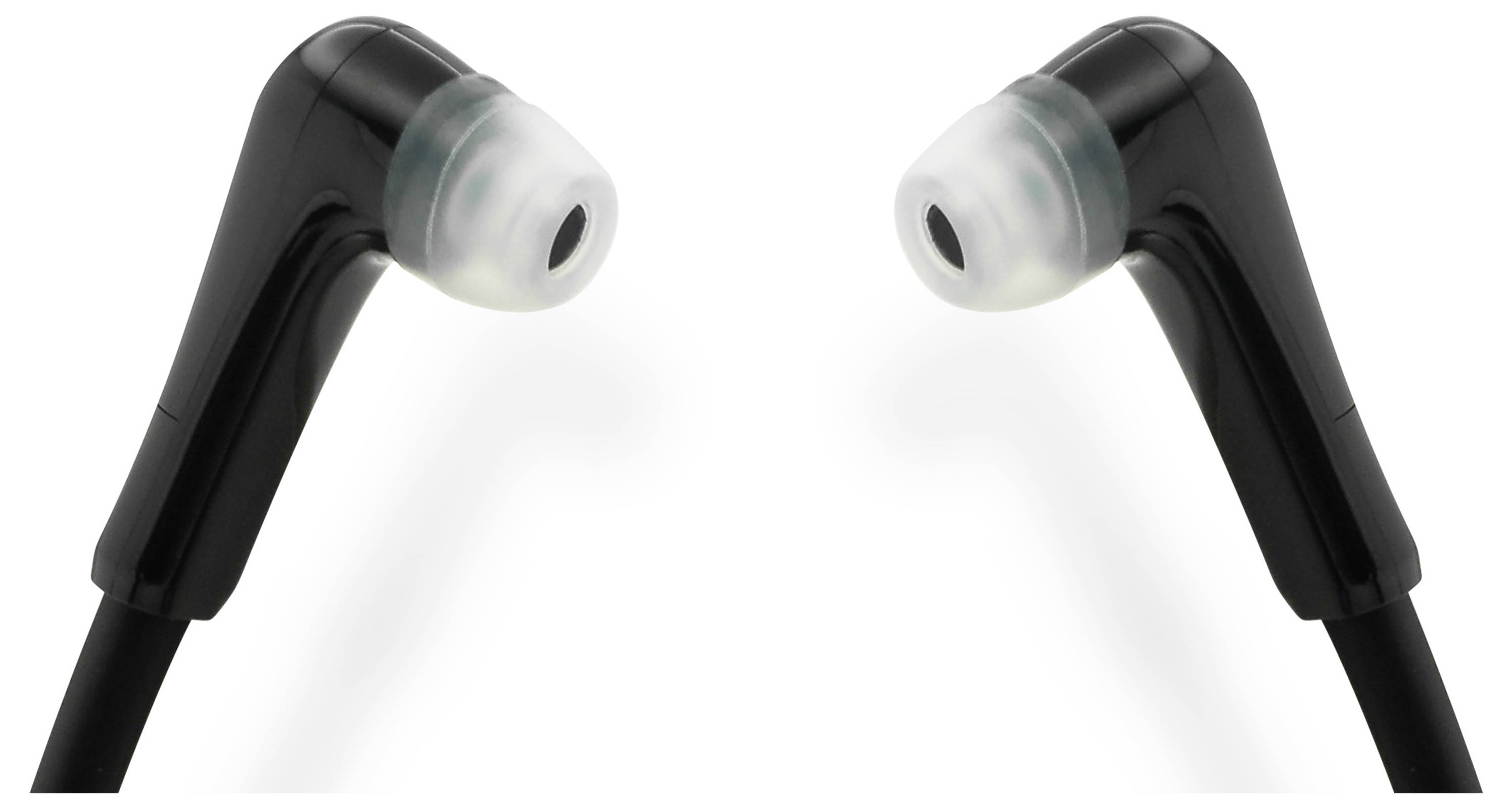 Dva čierne in-ear slúchadlá s bielymi silikónovými ušnými nástavcami, umiestnené oproti sebe.