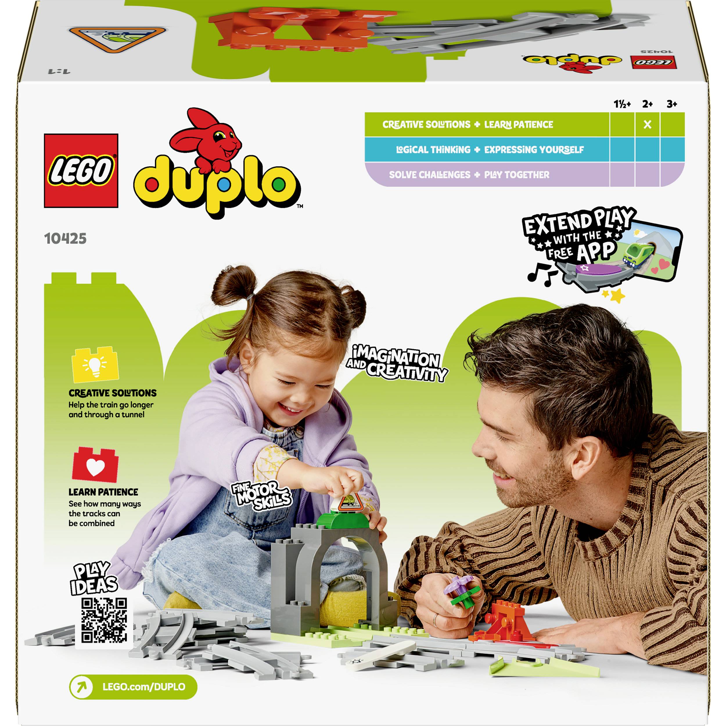 Dieťa a dospelý sa hrajú so stavebnicou LEGO DUPLO. Kartón zdôrazňuje 'kreativitu' a 'predstavivosť'. Obsahuje integráciu s aplikáciou.