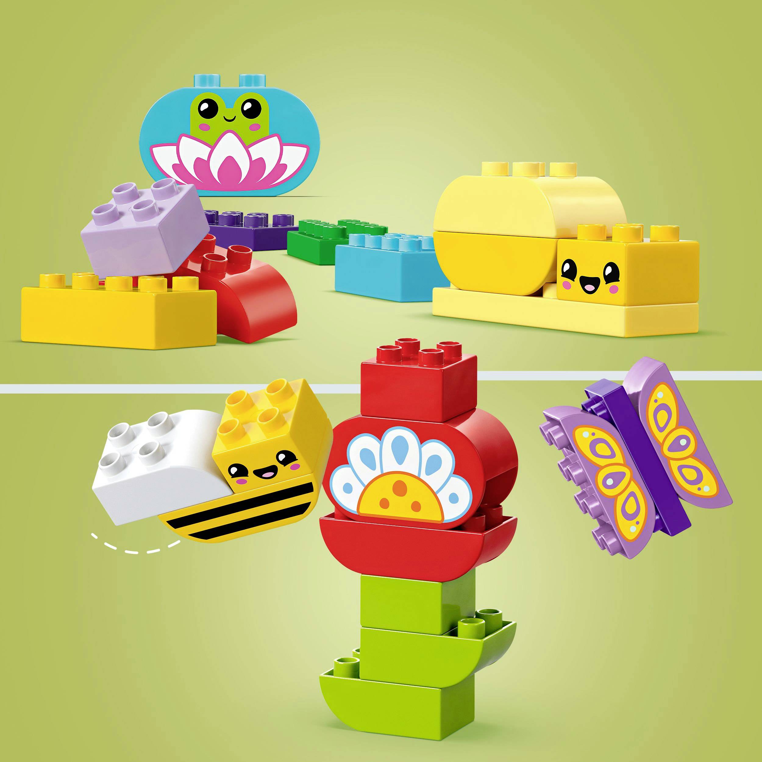 Farebné LEGO-Duplo kocky s motívmi zvierat a kvetov, vrátane motýľa, včely a kvetu, usporiadané na zelenom pozadí.