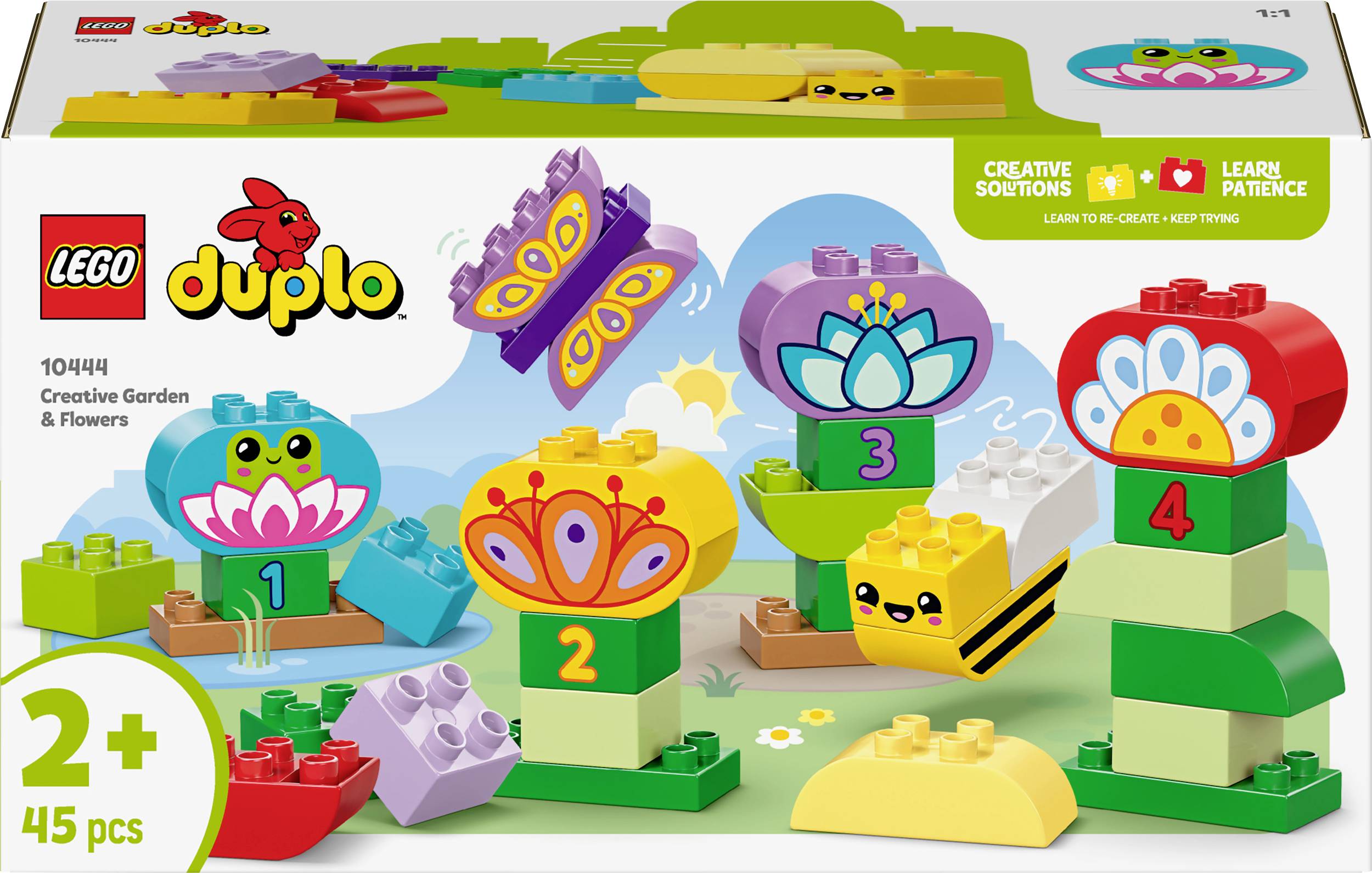 LEGO Duplo set 'Kreatívna záhrada a kvety' s farebnými stavebnými kockami, vhodný pre deti od 2 rokov, podporuje kreativitu a trpezlivosť.