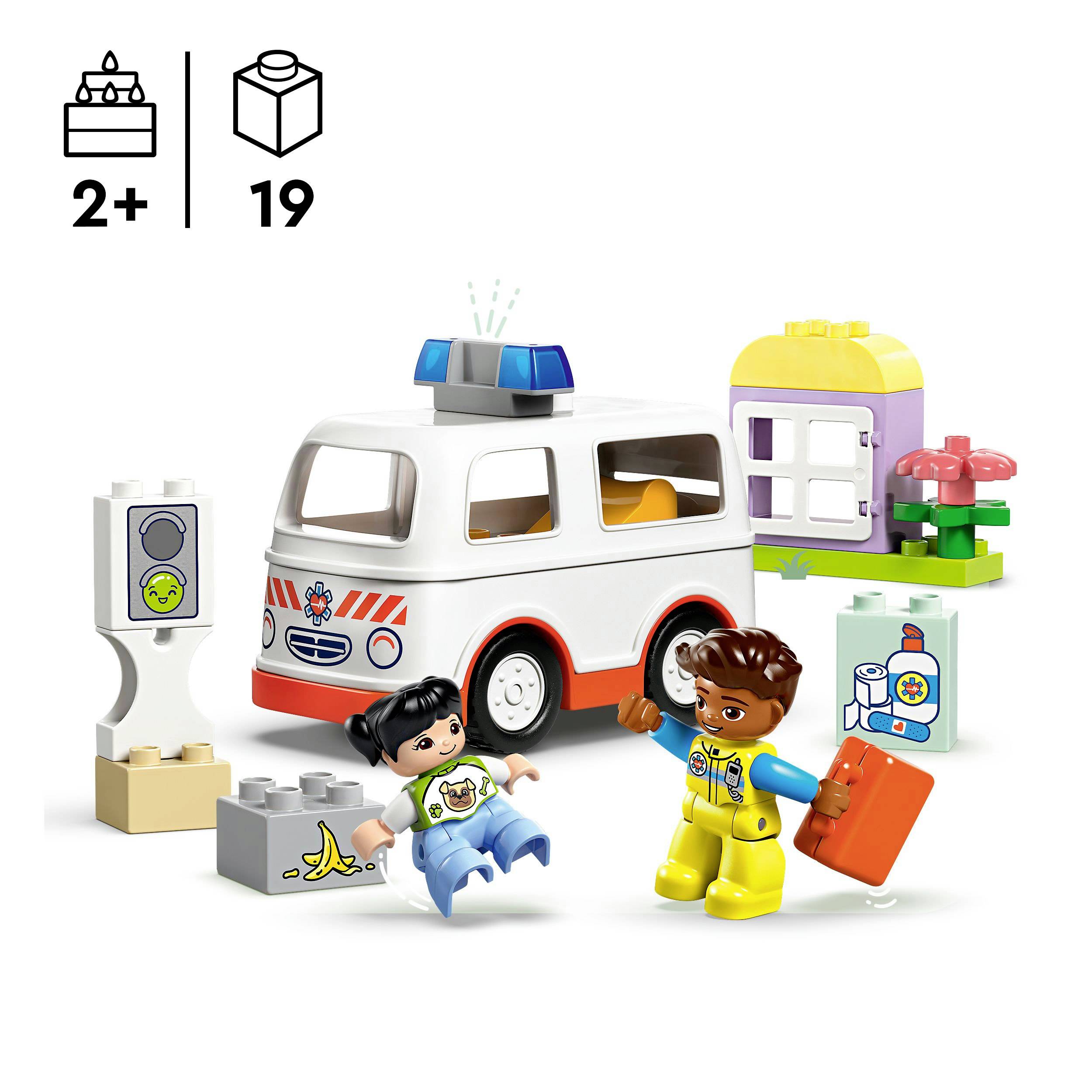Súprava LEGO DUPLO so záchranárskym vozidlom, dvoma figúrkami, kufríkom a zdravotníckym vybavením. Odporúčaná pre deti od 2 rokov.