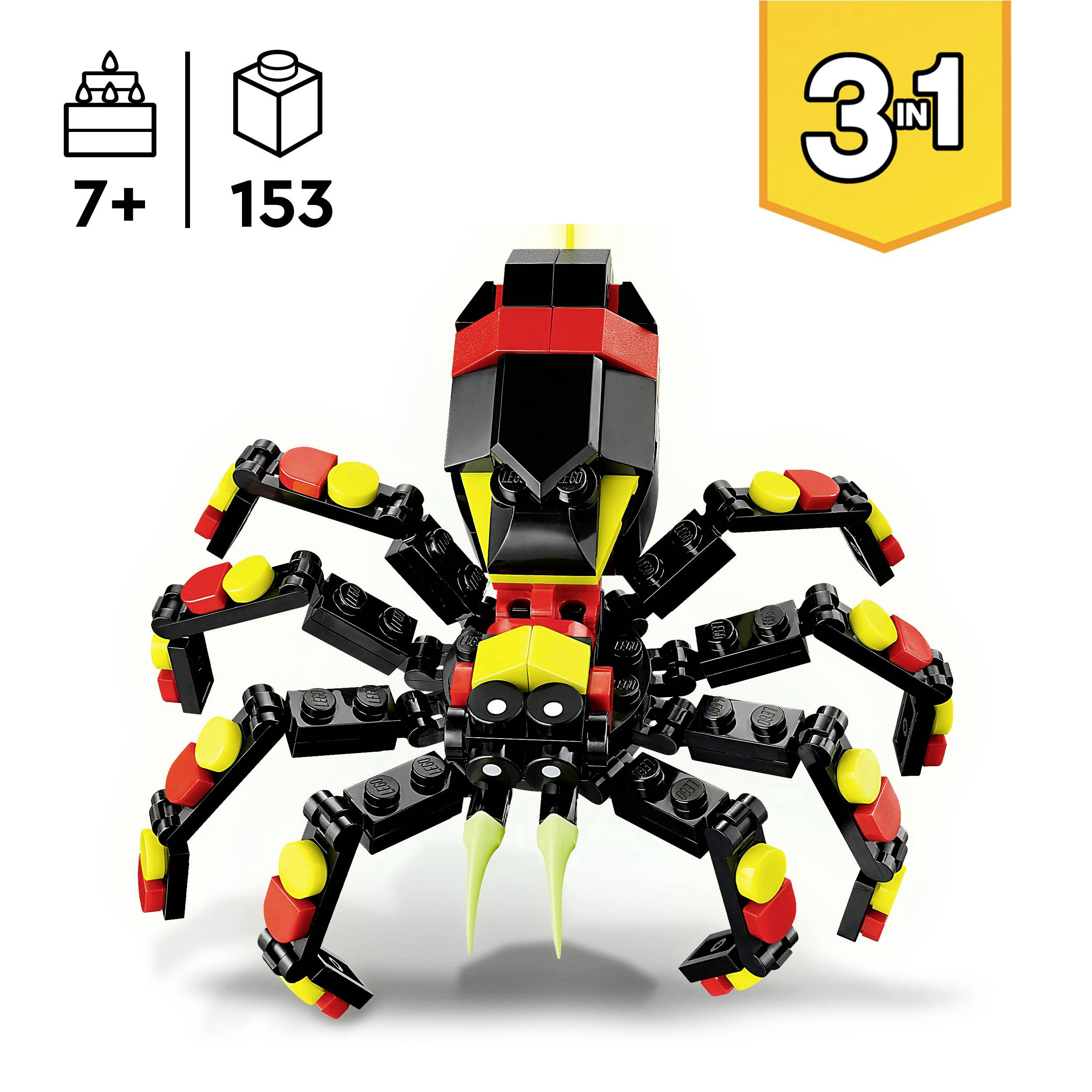 Lego stavebnica pavúka, 3-v-1 set, odporúčaný od 7 rokov, 153 dielov. Hlavný model zobrazuje čierno-červeného pavúka so žltými akcentmi.