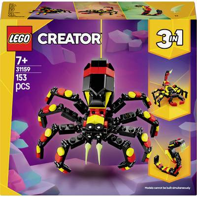 LEGO Creator 3-v-1 stavebnica zobrazuje čierneho a žltého robotického pavúka, s 153 dielmi pre deti od 7 rokov.