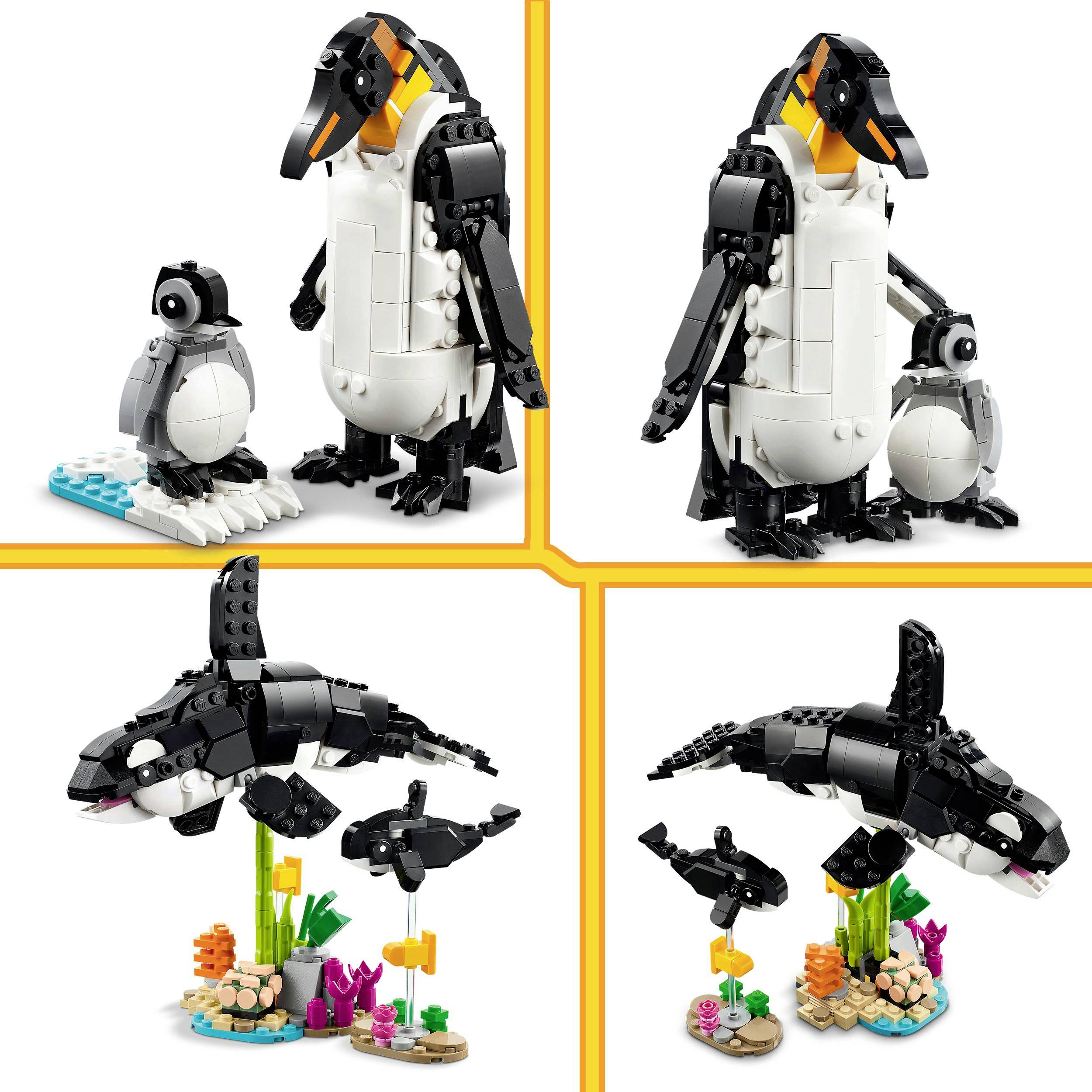 Puzzle set so zvieratami: Hore dvaja tučniaci z kociek, dole kosatka nad koralovým útesom, takisto zostavená z menších stavebných dielikov.