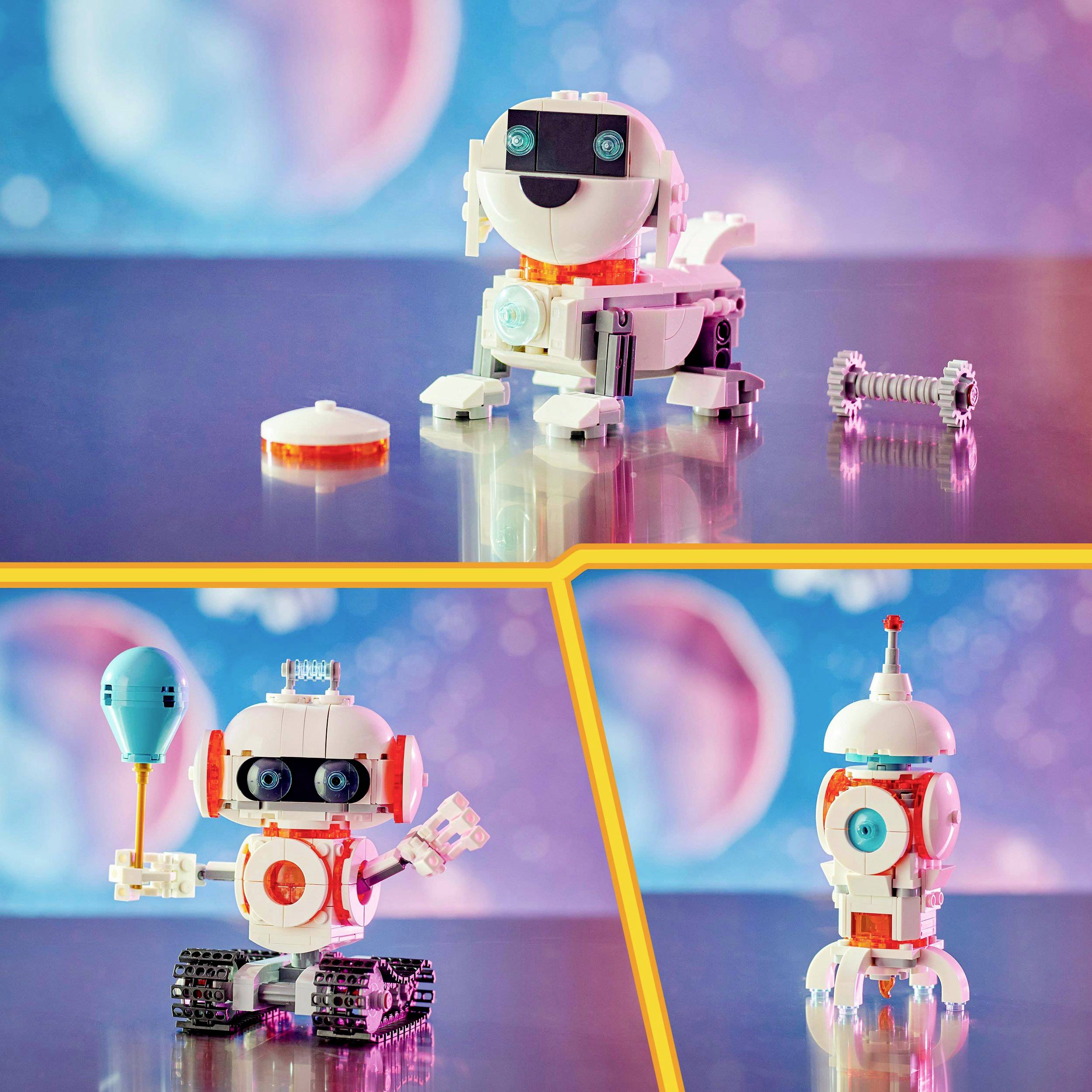 Tri hračkárske roboty na reflexných povrchoch, každý s jedinečným dizajnom a doplnkom. Pozadie v odtieňoch modrej a ružovej.